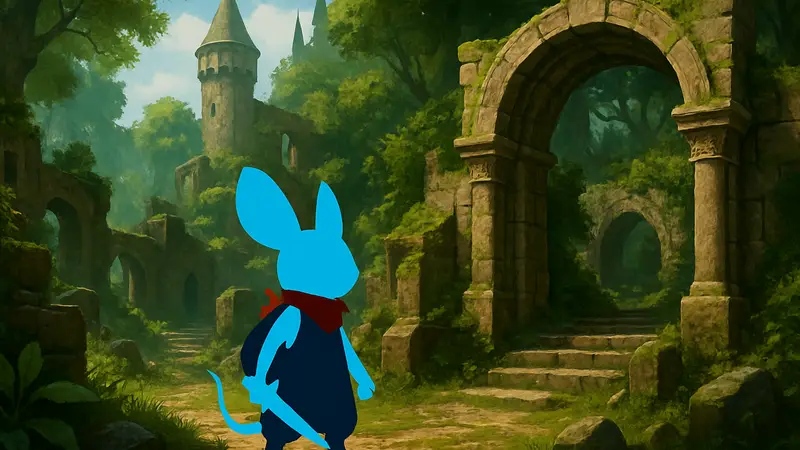 Главный герой Quill из Moss: The Forgotten Relic, стоящий в фэнтезийном VR-мире, готовый к приключениям.
