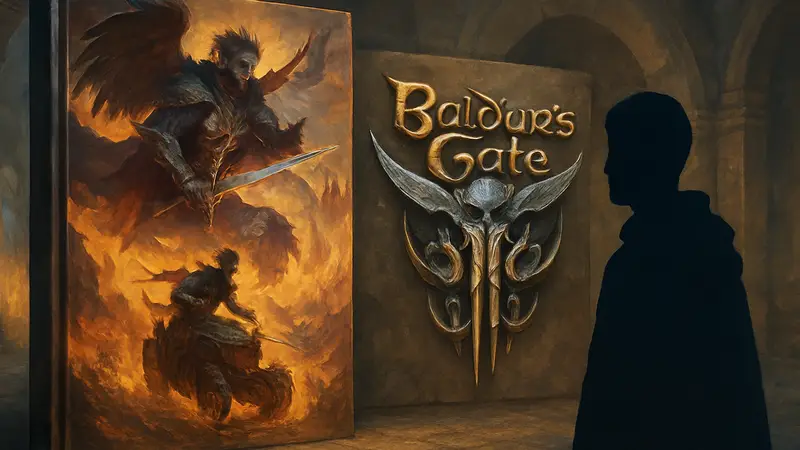 Обложка настольной книги D&D "Descent into Avernus" рядом с логотипом Baldur's Gate 3.