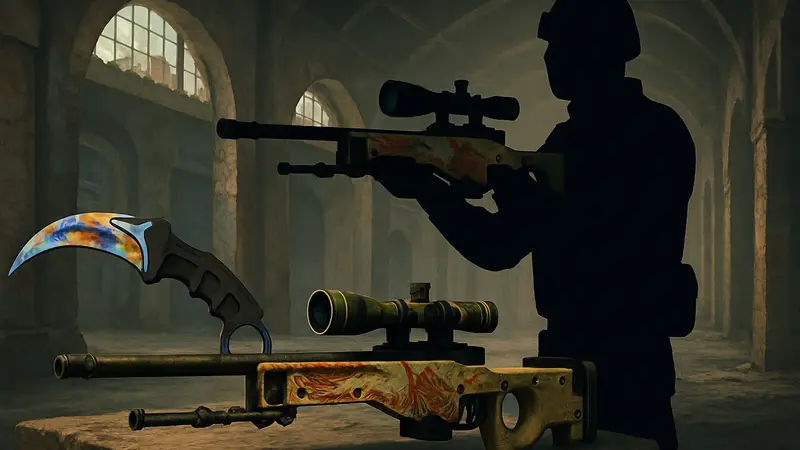 Изображение самых дорогих скинов Counter-Strike 2, включая Karambit Case Hardened и AWP Dragon Lore.
