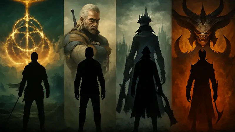 Обложки игр из рейтинга лучших Action RPG всех времен: Elden Ring, The Witcher 3, Bloodborne и Diablo.
