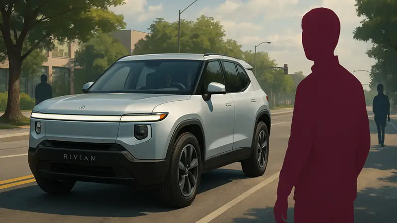 Электромобиль Rivian R2 SUV на дороге, демонстрирующий его дизайн и размер.