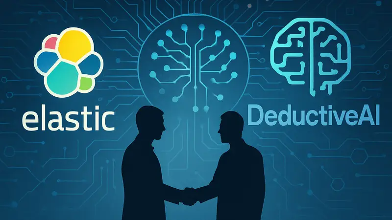 Логотипы Elastic и DeductiveAI на фоне схем ИИ, символизирующих сделку по покупке.