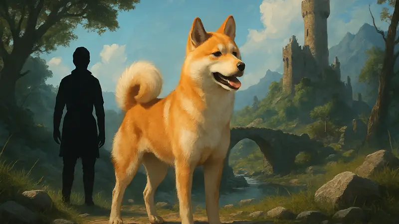 Игровая собака породы Джиндо из Crimson Desert, похожая на сиба-ину, в фэнтезийном мире.