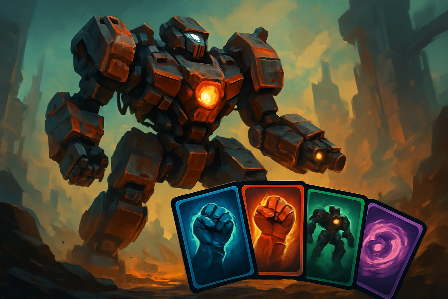 Концепт-арт игры MECHBORN с элементами меха и карточек рогалика-декбилдера.