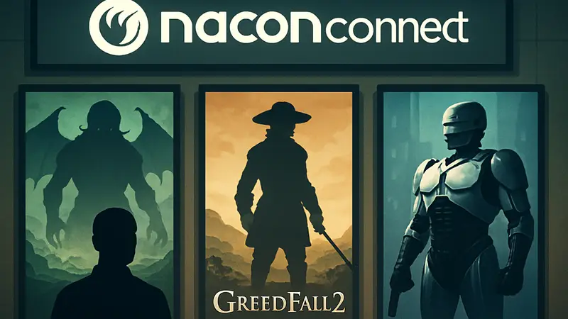 Логотип Nacon Connect и постеры игр Cthulhu, Greedfall 2, RoboCop