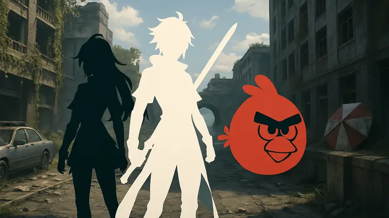 Персонажи Wuthering Waves с элементами из Resident Evil и Angry Birds, символизирующие кроссовер.