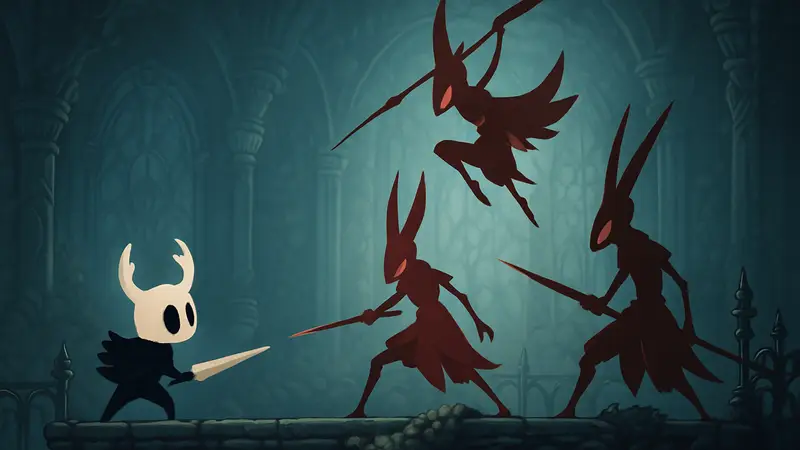 Диорама из Hollow Knight с Рыцарем и лордами богомолов в битве