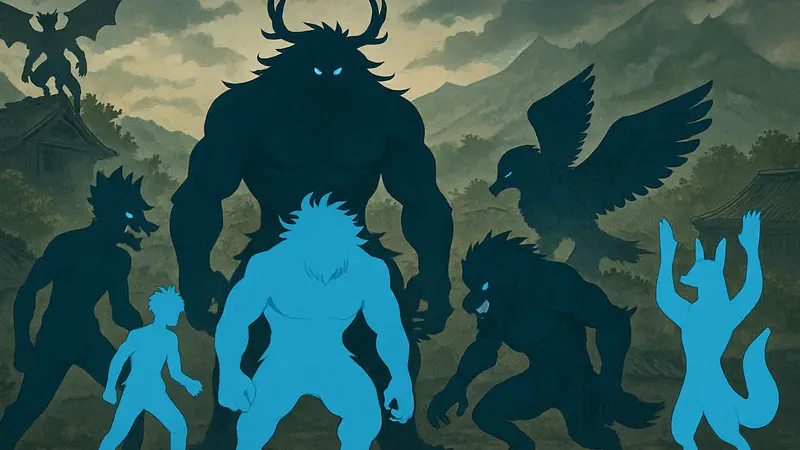 Коллекция из семи различных персонажей-оборотней из шонен аниме, демонстрирующих свои трансформации.