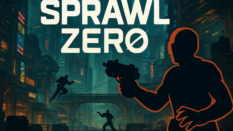 Логотип Sprawl Zero на фоне киберпанк-города с элементами геймплея шутера от первого лица