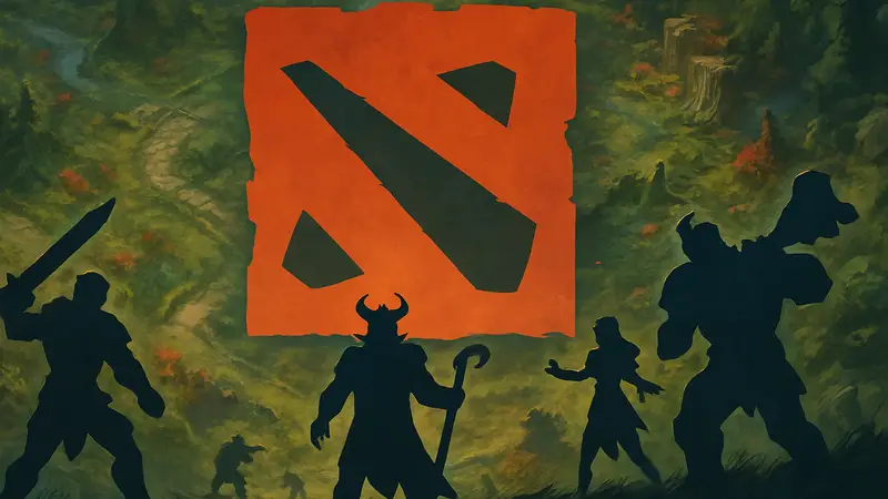 Логотип Dota 2 на фоне карты или сражения героев, символизирующий будущее обновление