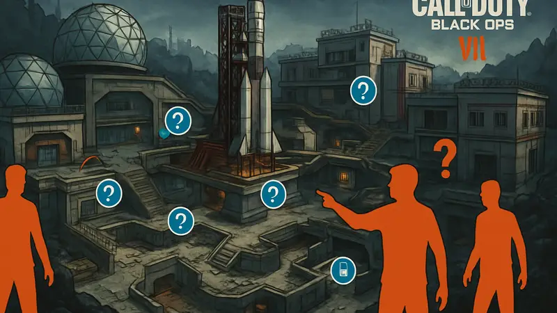 Интерактивная карта Zarya Cosmodrome для режима Зомби Call of Duty: Black Ops 7 с точками интереса.