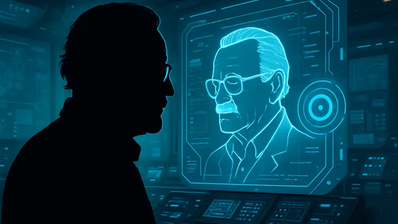 Изображение Стэна Ли с футуристическим ИИ-интерфейсом ElevenLabs