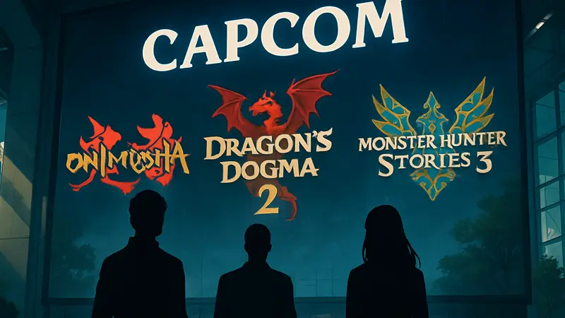 Изображение анонса Capcom Showcase с логотипами Onimusha, Dragon's Dogma 2 и Monster Hunter Stories 3