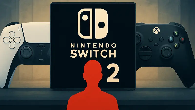 Логотип Nintendo Switch 2 на фоне контроллеров PS5 и Xbox Series X/S