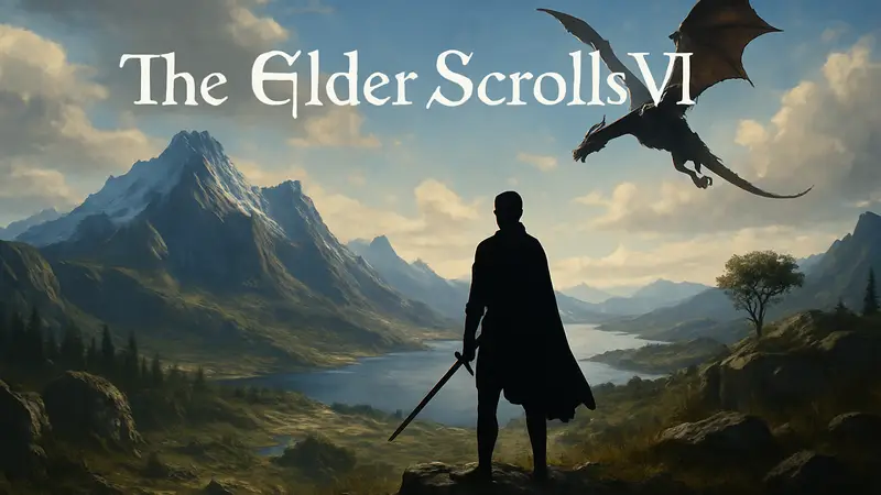 Логотип The Elder Scrolls 6 на фоне фэнтезийного пейзажа с драконом, символ ожидания игры.