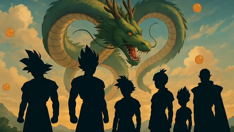 Гоку, Вегета и другие герои Dragon Ball на фоне дракона Шенрона, символизирующего вселенную.