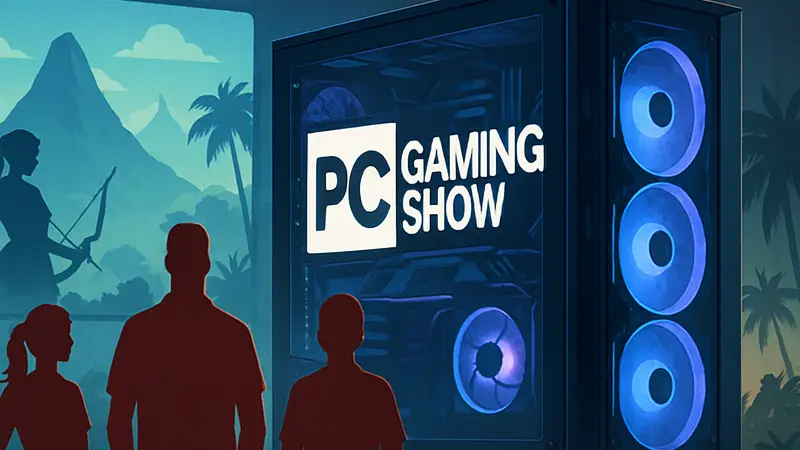 Логотип PC Gaming Show на фоне игрового компьютера, летние анонсы игр