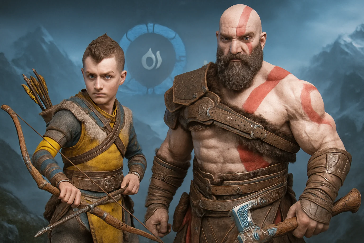 Высокодетализированные коллекционные статуи молодого и старого Кратоса из God of War Ragnarok.