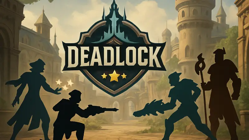 Логотип игры Deadlock от Valve, герои соревнуются в ранговом матче