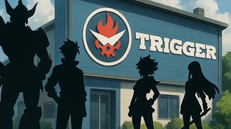 Логотип Studio TRIGGER с силуэтами персонажей из «Гуррен-Лаганн» и Kill la Kill на заднем плане.