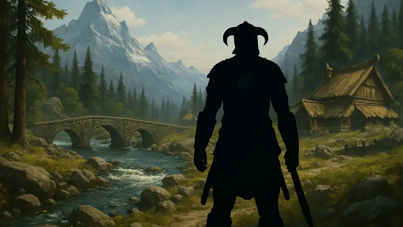 Эстетическое изображение Драконорождённого в мире Skyrim, с детализацией окружения
