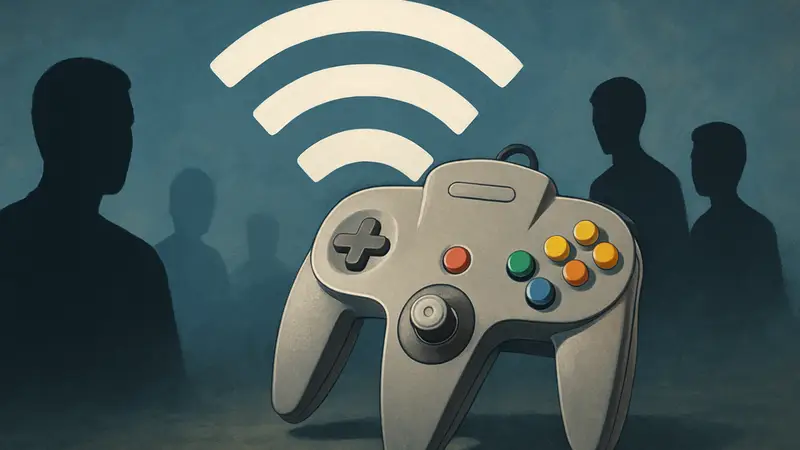 Контроллер Nintendo 64 на фоне значка Wi-Fi, символизирующий онлайн-игры