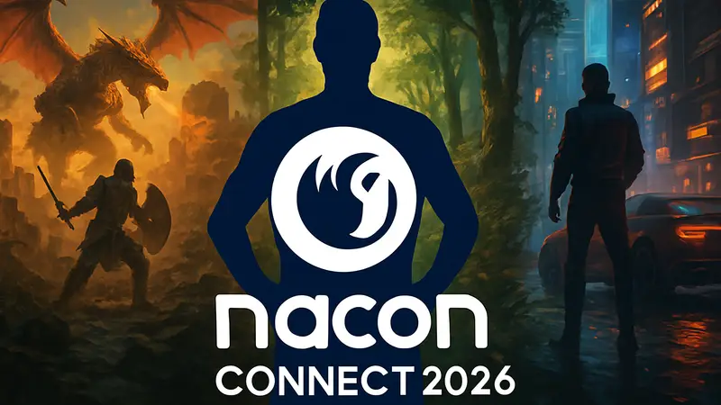Логотип Nacon Connect 2026 на фоне изображения игр, или логотип Nacon.