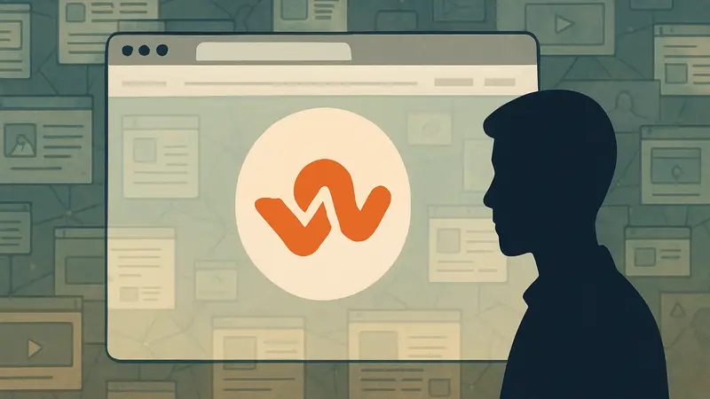 Логотип приложения Wander, выполненный в стиле StumbleUpon, на фоне интерфейса браузера и «малого интернета».