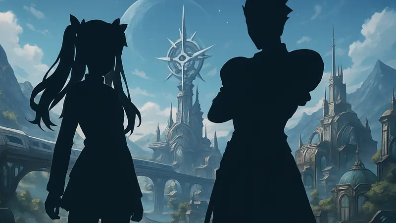 Персонажи Рин и Гильгамеш из Fate/Stay Night в стиле Honkai: Star Rail.