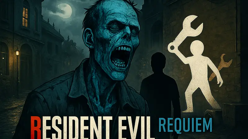 Логотип Resident Evil Requiem с изображением зомби и элементами моддинга.