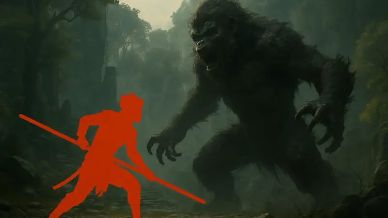 Скриншот из Black Myth: Wukong с главным героем Укуном, сражающимся с мифическим существом.