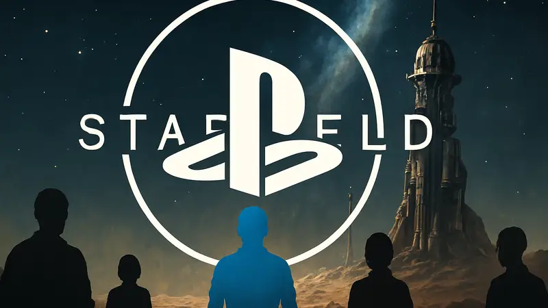 Логотип Starfield с наложенным значком PlayStation 5, символизирующий шутку или игровой мем.
