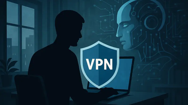 Человек за компьютером с символом VPN, защищающим его личные данные от искусственного интеллекта