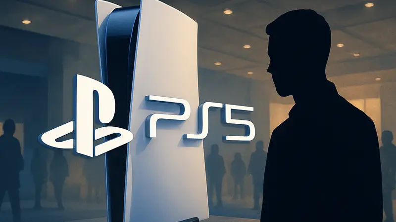 Логотип PlayStation 5 на фоне консоли, символизирующий возможный отказ от распродаж Sony.