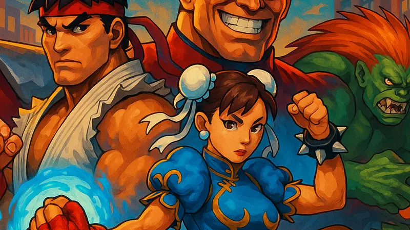 Постер будущего фильма Street Fighter, стилизованный под аркадную игру с узнаваемыми персонажами.