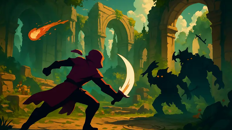 Скриншот из игры Sol Cesto, демонстрирующий яркую графику и динамичный геймплей рогалика на Steam.