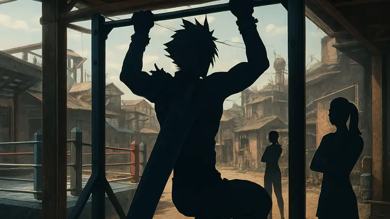 Скриншот из Final Fantasy 7 Remake с Клаудом во время испытания на подтягивания.
