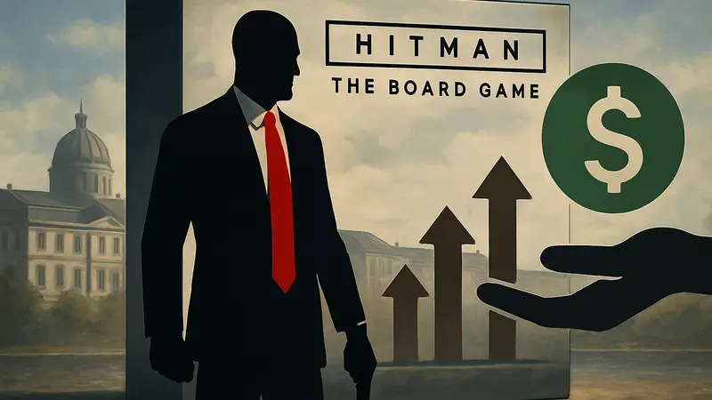 Обложка настольной игры Hitman: The Board Game с Агентом 47 и символами краудфандинга.
