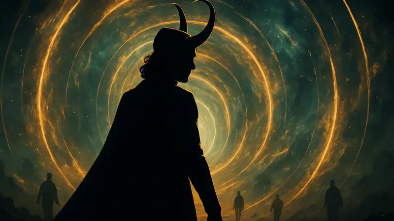 Том Хиддлстон в роли Локи, персонаж Marvel на фоне временных искажений.