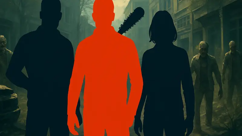 Мэйсон Диллард, Ниган и Мэгги из The Walking Dead, в игровом стиле Aftermath, на фоне зомби.