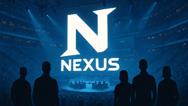 Командный логотип Nexus на фоне киберспортивной арены