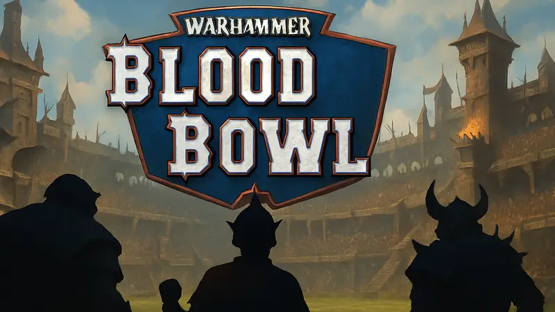 Логотип Warhammer Blood Bowl на фоне стадиона