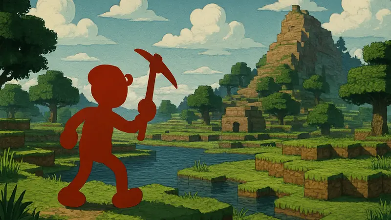 Скриншот игры Kalit, демонстрирующий стилистику Cuphead в открытом мире Minecraft.