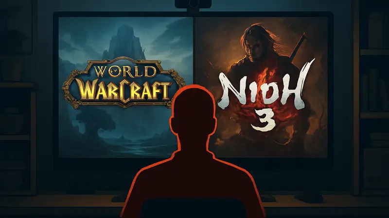 Логотипы World of Warcraft и Nioh 3 на фоне стримингового экрана.