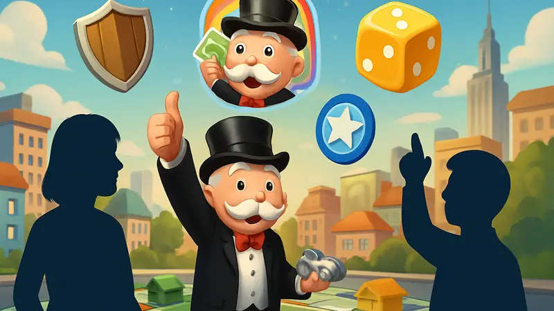 Обложка или скриншот из мобильной игры Monopoly Go, демонстрирующий фишки, стикеры и бонусы. Полный гайд.