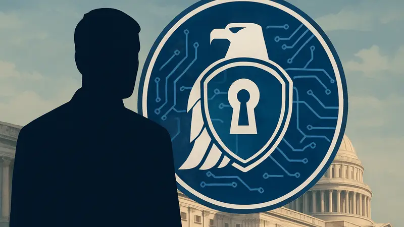 Логотип CISA на фоне здания правительства США, символизирующий кибербезопасность.