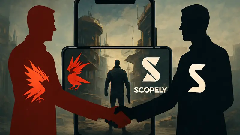 Логотипы CD Projekt RED и Scopely на фоне мобильной игры, символизирующей сотрудничество