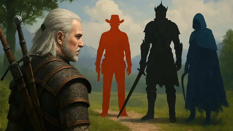 Фан-арт Геральта из Ривии, окруженного персонажами из других известных игр с открытым миром, таких как Red Dead Redemption 2 или Elden Ring