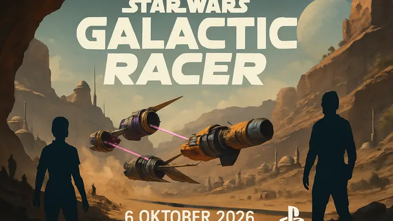 Логотип Star Wars: Galactic Racer, стилизованный под гонки на подах, с датой '6 октября 2026' и логотипом PS5