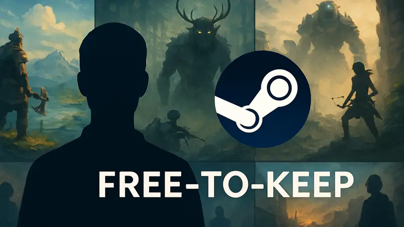 Логотип Steam с надписью Free-to-Keep на фоне бесплатных игр.